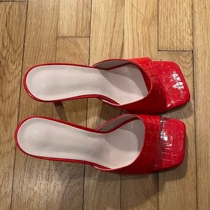 Faux leather red heeled mule